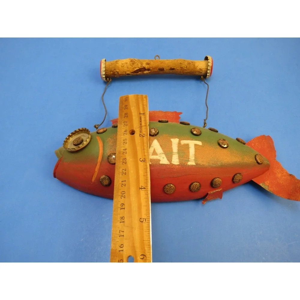 Vintage Hanging Wood Fish Bait Sign Beer Bottle Cap Folk Art